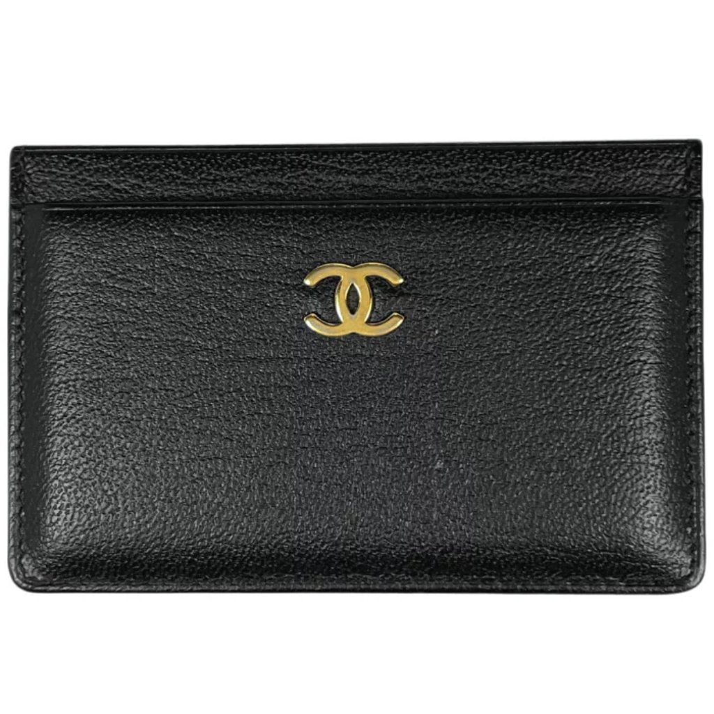 Chanel Cc Grained Leather Classic Card Holder Case Wallet Gold Black